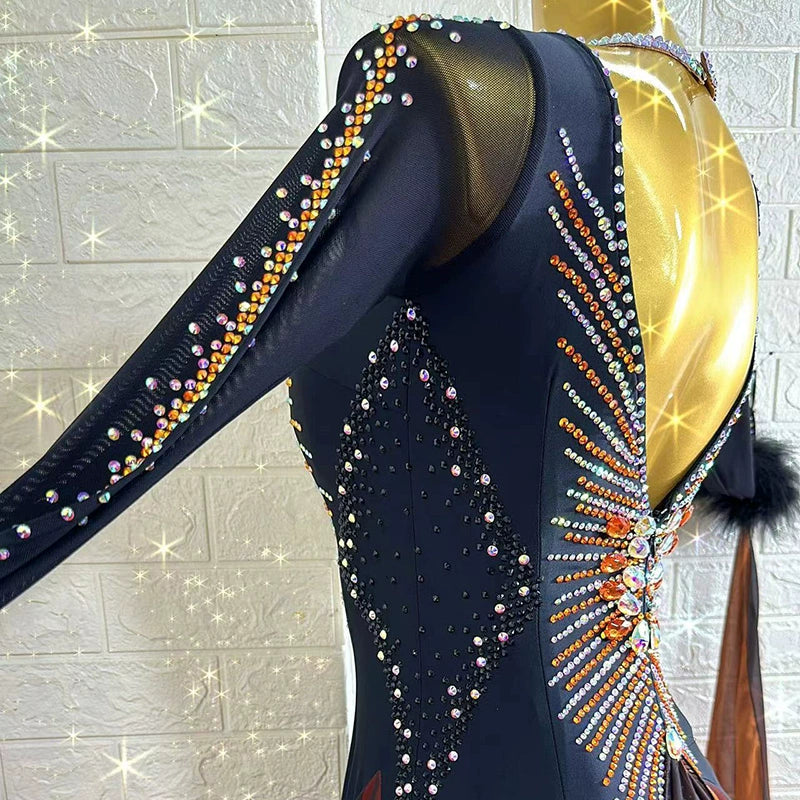 Custom Size Orange Competition Ballroom Dance Dresses for Women Diamond Waltz Tango Rhythm Performance Long Gown