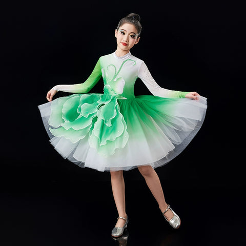 Children's pink green Petals modern dance dresses chorus performance girls tutu skirts school church choir competition outfits - Moderndancedress.com