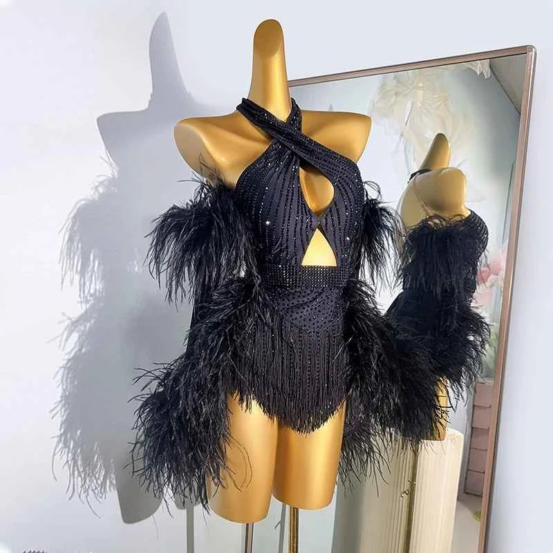 Custom Size Competition Women's Latin Dance Dress Ostrich Feather Tuxedo Skirts Salsa Costumes