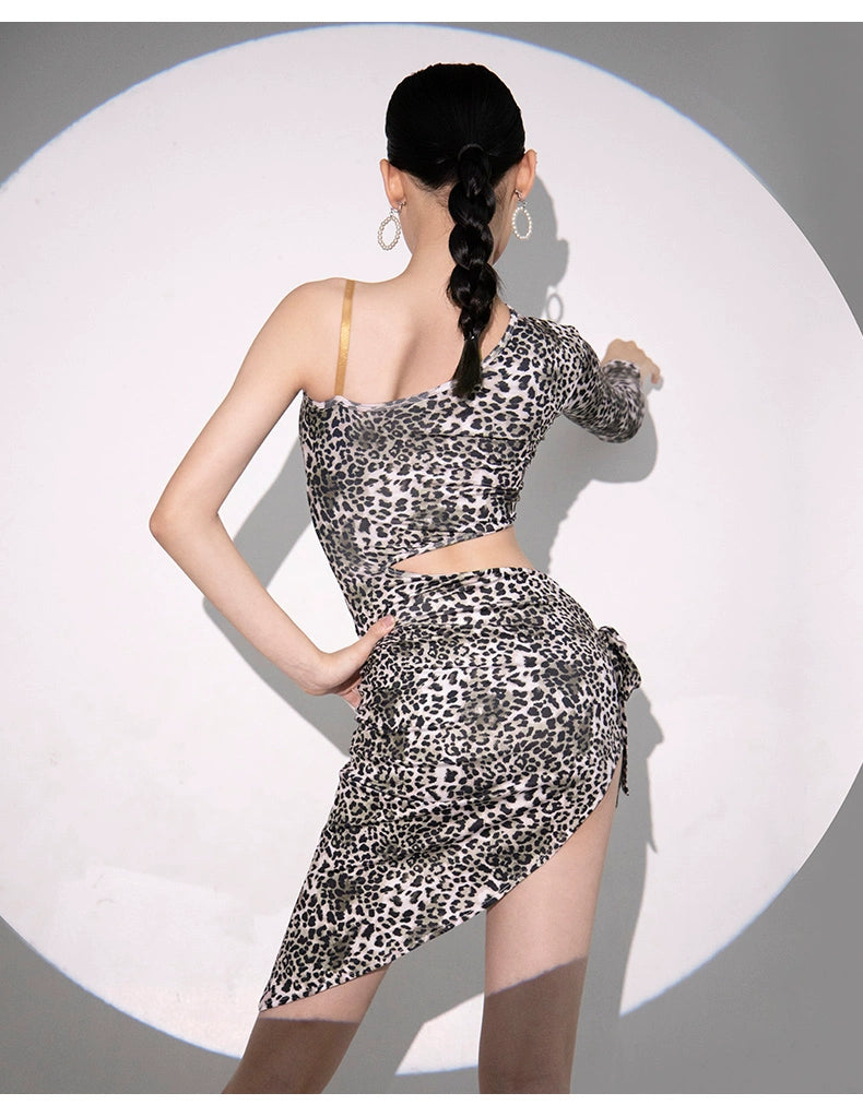 Leopard Print Latin Dance Dresse for Kids Girls Long-sleeved Slanted Shoulder Salsa Chacha Latin Ballroom Dance Clothes for Kids - Moderndancedress.com