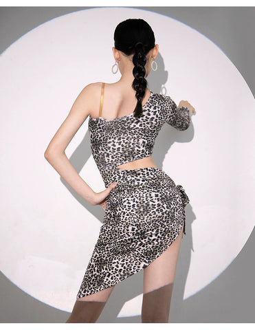 Leopard Print Latin Dance Dresse for Kids Girls Long-sleeved Slanted Shoulder Salsa Chacha Latin Ballroom Dance Clothes for Kids - Moderndancedress.com