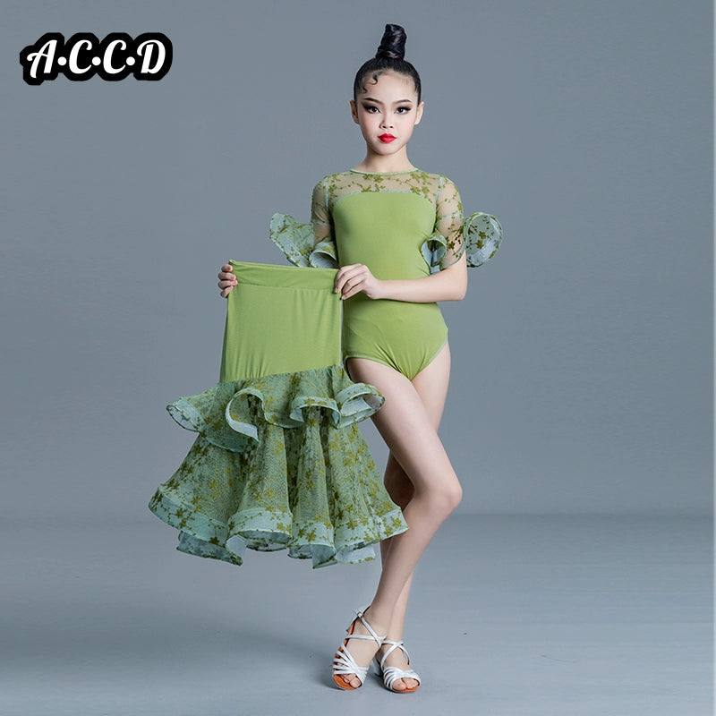 Children' Girls White Pink Green Lace Ballroom Dance Dresses for Kids Waltz Ballroom Tango Dance Competition Performance Clothes - Moderndancedress.com