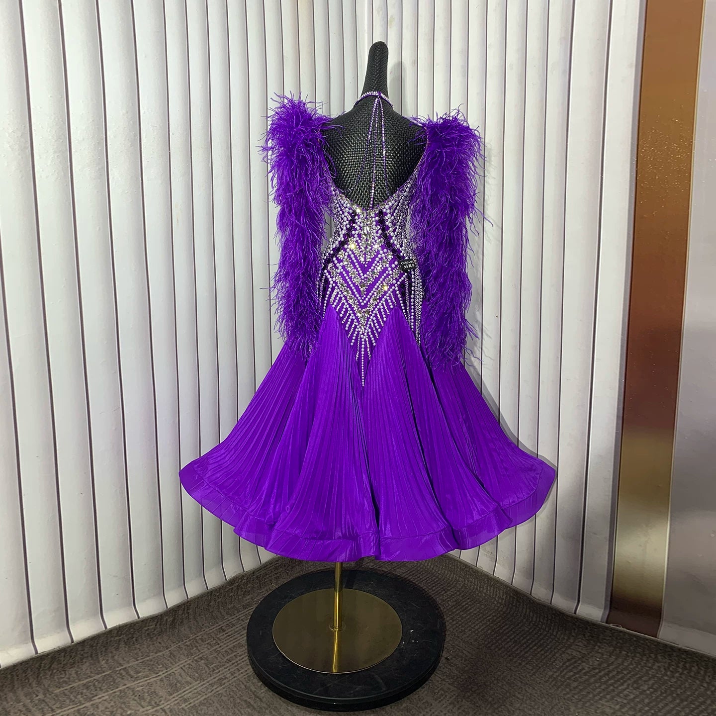 Custom Size Competition Purple Ballroom Dress with Ostrich Feathers & Crystals