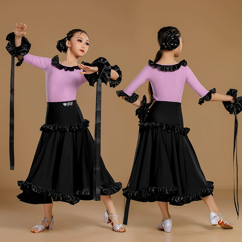 Girls Ballroom Dance Dresses Kids Lavender Black Waltz Tango  Performance Competition Costumes