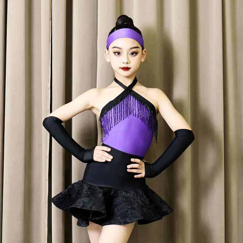 Girls Latin Dance Dresses Children Purple Pink Fringe Salsa Rumba Chacha Performance Costumes for Kids
