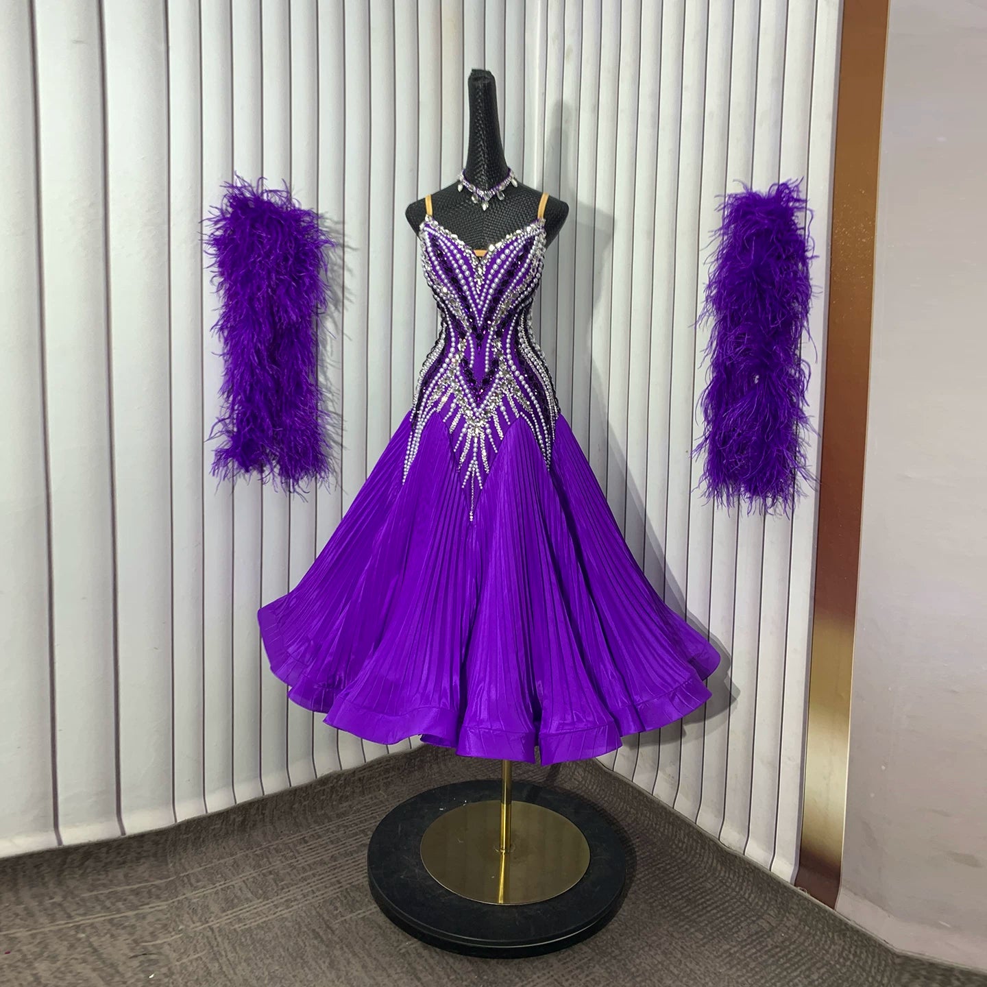 Custom Size Competition Purple Ballroom Dress with Ostrich Feathers & Crystals