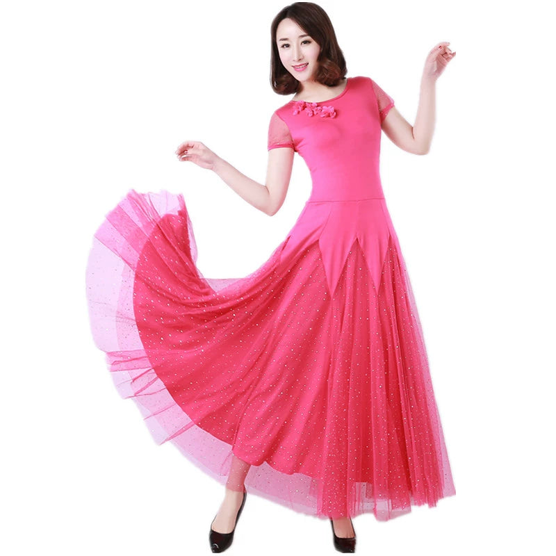 Women's Ballroom Dance Dresses Modern Short Sleeve Dresses, Social Dance Dresses, Waltz Tango National Standard - Moderndancedress.com