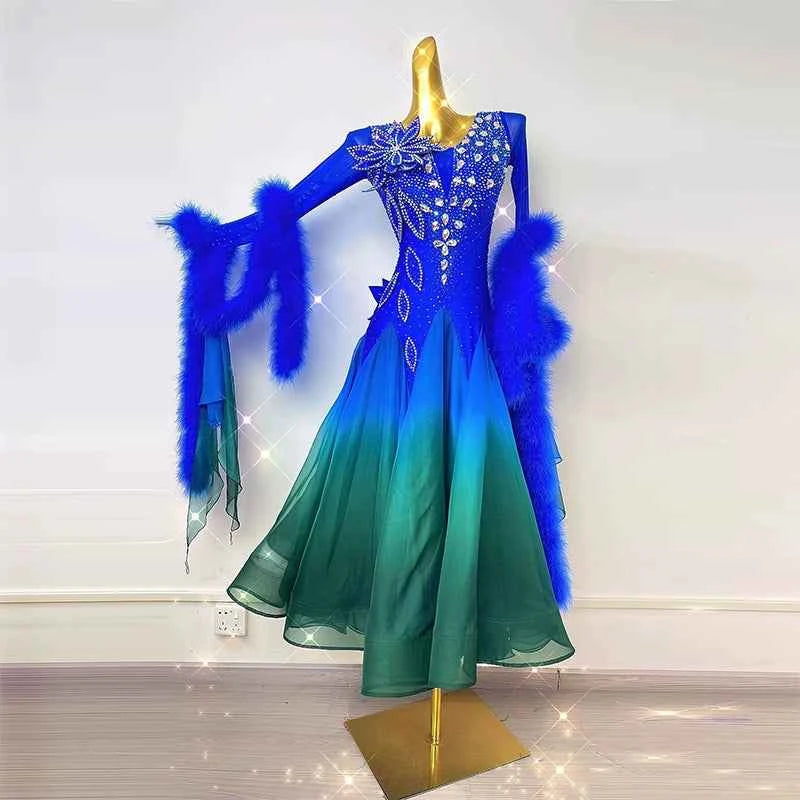 Customized Size Feather Competition Ballroom Dance Dresses for Women Girls Blue Dark Green Waltz Tango Foxtrot Dance Gown
