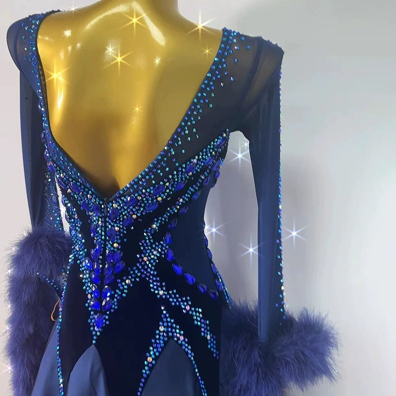 Custom Size Navy Feather Competition Ballroom Dance Dresses for Women Girls Waltz Foxtrot Smooth Dance Swing Skirts - Moderndancedress.com