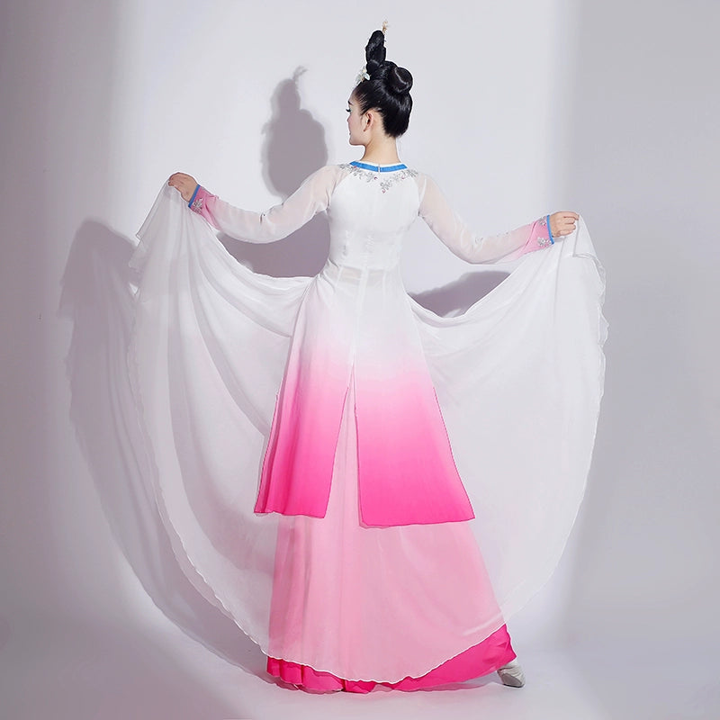Pink green gradient chinese folk dance costumes women ancient traditional classical dance performance dresses female fairy hanfu - Moderndancedress.com