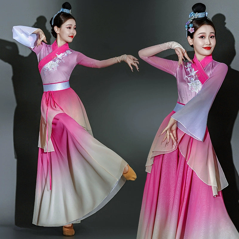 Pink Chinese folk Classical dance costumes for women girls princess fairy hanfu fan umbrella dance dresses Han Tang ancient style suit - Moderndancedress.com
