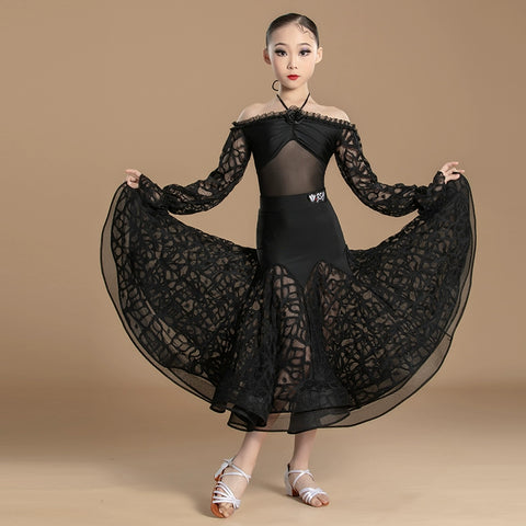 Black lace Latin ballroom dance dress for girls kids national standard waltz tango rhythm dance competition gown for kids - Moderndancedress.com