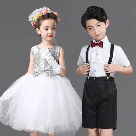 White Sequin children jazz dance dresses performance clothes chorus boys  outfits Dress Short Sleeve British shirt princess skirt - Moderndancedress.com