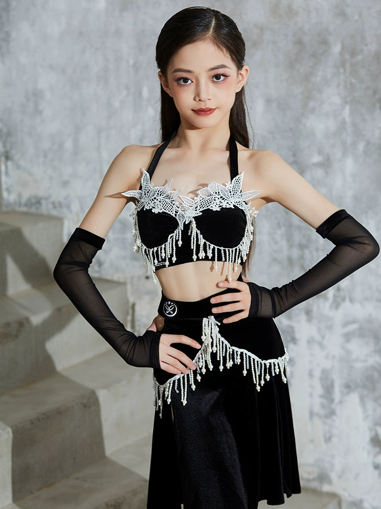 Competition Latin dance dresses for girls kids black blue velvet lace salsa ballroom rumba chacha performance pearl costumes for children - Moderndancedress.com