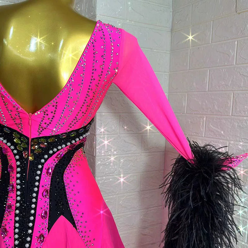 Customized  Size Hot Pink Cystal Ballroom Dance Dress Competition Smooth Waltz Dance Gown with Feather Float