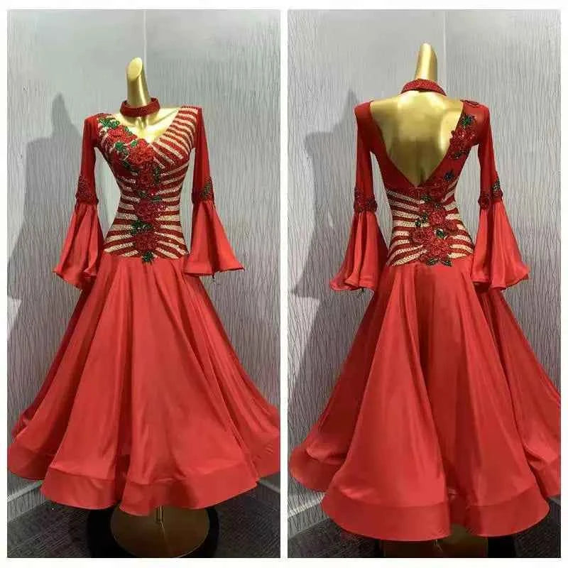 Custom Size Competition Red Rose Ballroom Dance Dress for Women Waltz Tango National Standard Gown