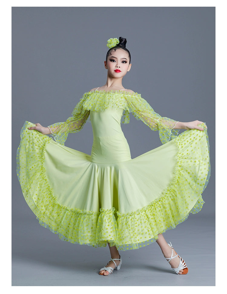 Girls Kids Pink Green Blue Polka Lace Ballroom Dance Dresses Children Ballroom National Ballroom Dance Long Sleeve Dew Shoulder Stage Performance Costumes for Kids - Moderndancedress.com