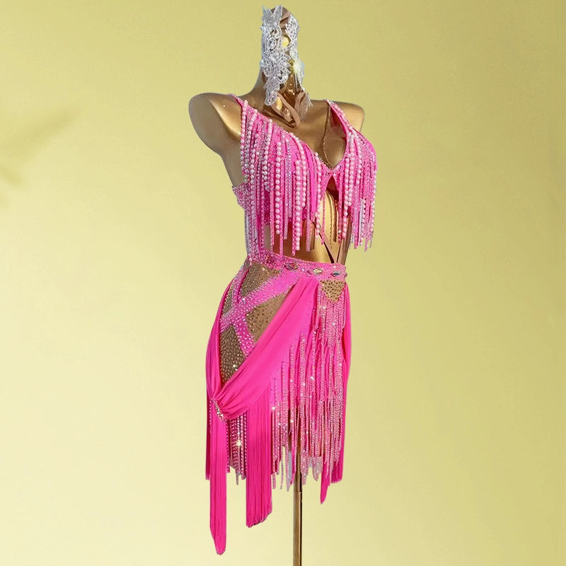 Custom Size Bling Latin Dance Dresses for Women Girls Blue Pink Salsa Blackpool Latin Professional Art Test Costumes