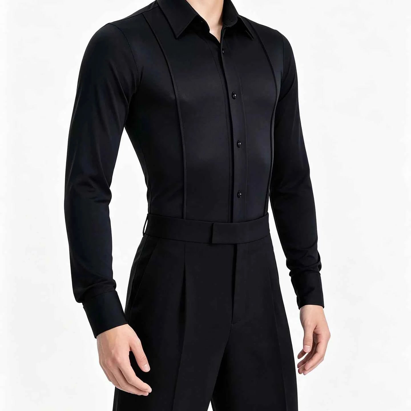 Men's Black Stretchable Latin Dance Shirt - Slim Fit Long Sleeves