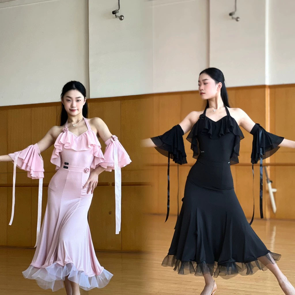 Ballroom Dance Dresses for Women Girls Ruffles Black Pink Lace Waltz Tango Rhythm Dance Long Skirts