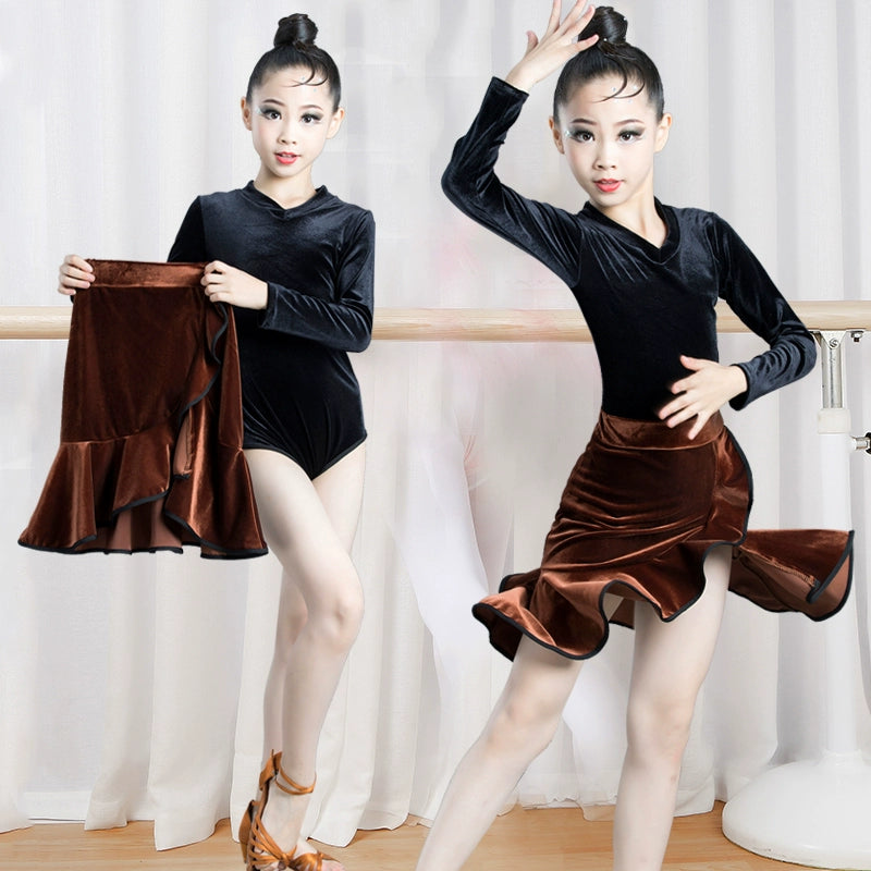 Girls Latin Dance Dresses Children's Latin dance clothes Latin dance practice clothes girl's Latin dance skirt split long sleeve gold velvet test - Moderndancedress.com