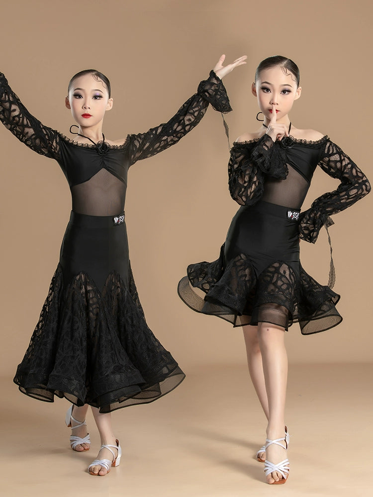 Black lace Latin ballroom dance dress for girls kids national standard waltz tango rhythm dance competition gown for kids - Moderndancedress.com