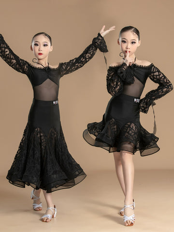 Black lace Latin ballroom dance dress for girls kids national standard waltz tango rhythm dance competition gown for kids - Moderndancedress.com