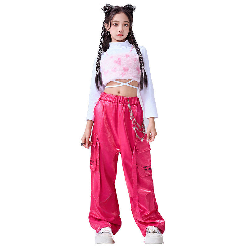 Girls Hiphop Dance Costumes Pink Feather Kids Jazz Gogo Rapper Singers Street Dance Suit Walk Show Outfits