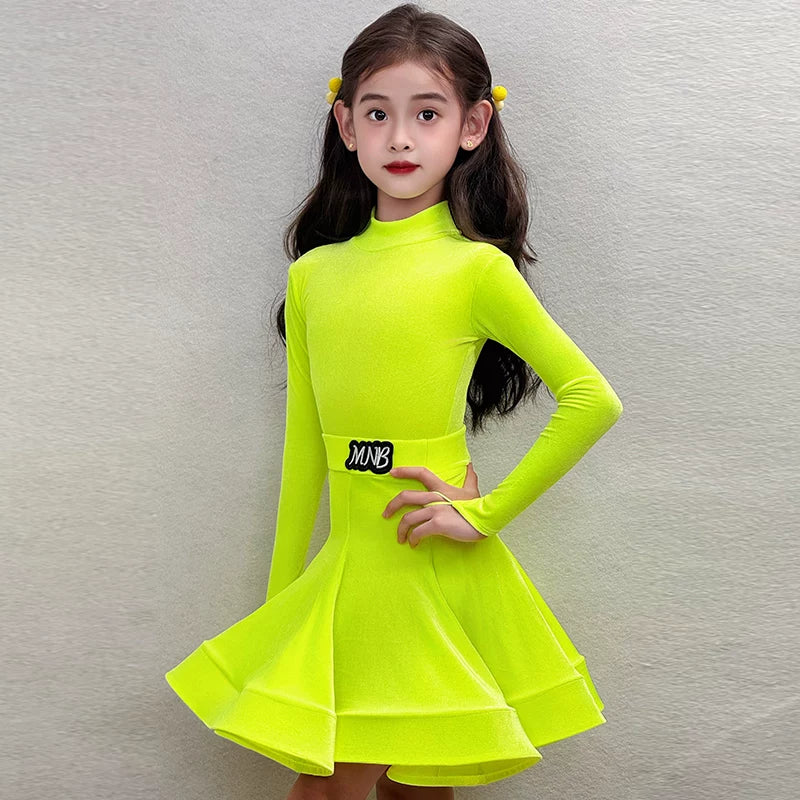 Girls' Neon Yellow Velvet Latin Dance Dress - Kids' Long Sleeve Rumba & Cha-Cha Costume