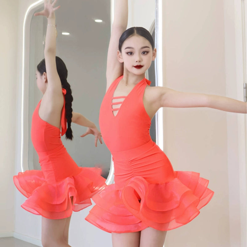 Girls Latin Dance Dresses Orange Halter Neck Ruffles Ballroom Salsa Rumba Chacha Performance Ouftis for Kids - Moderndancedress.com