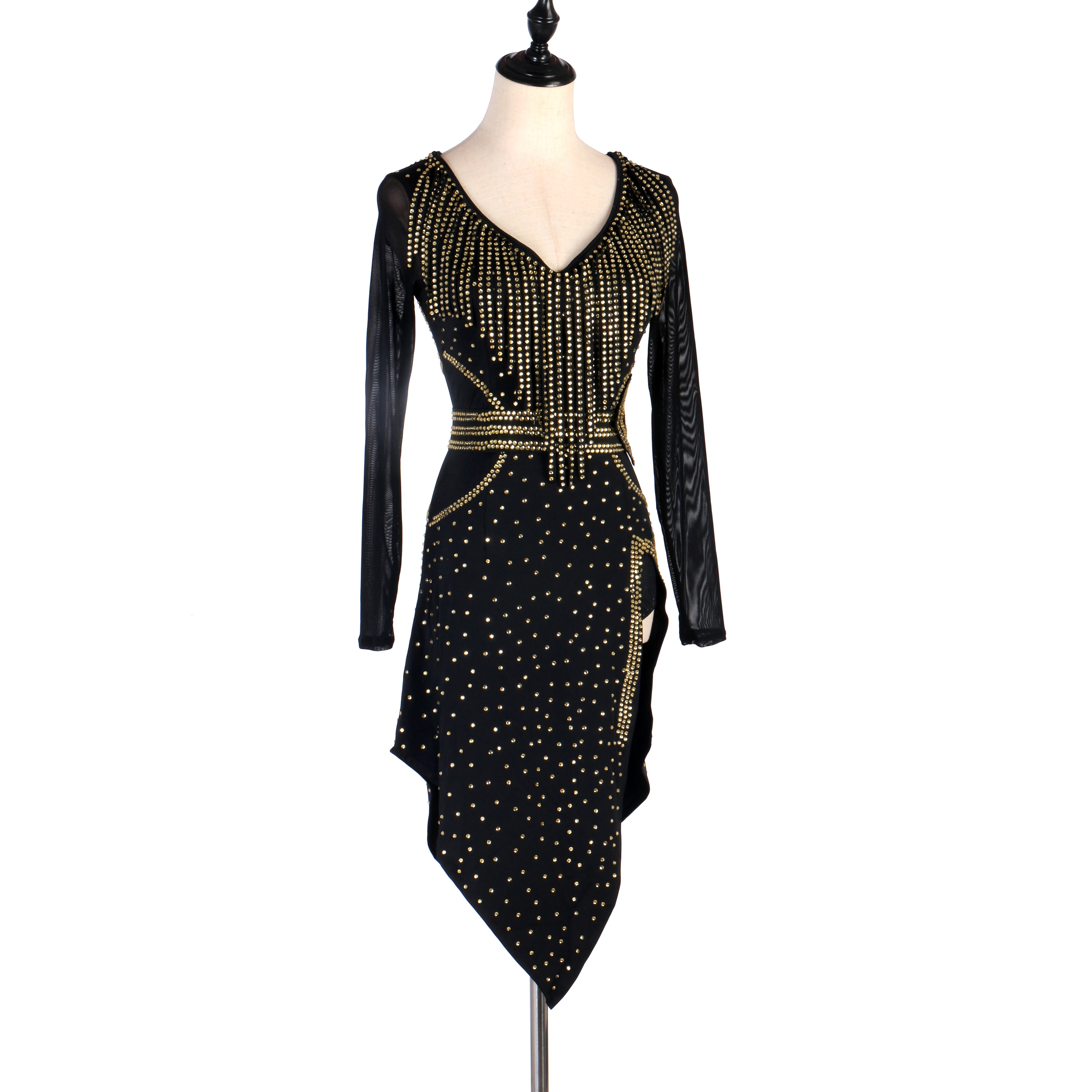 Flash gold Diamond fringe competition latin dance dresses black long sleeves modern dance stage Performance rumba chacha dance dress - Moderndancedress.com
