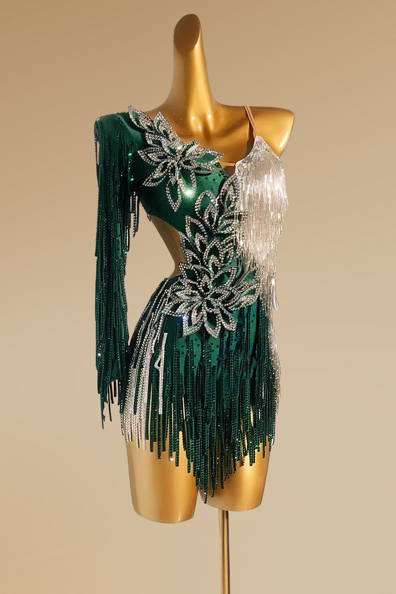 Custom Size Dark Green Competition Latin Dance Dresses for Women Girls Salsa Rumba Chacha Dance Outfits - Moderndancedress.com