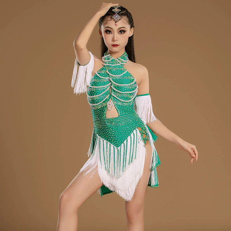 Girls Latin Dance Dresses Green Fuchsia Blue Competition Ballroom Dance Costumes Kids Salsa Rumba Chacha Blackpool Dance Wear - Moderndancedress.com