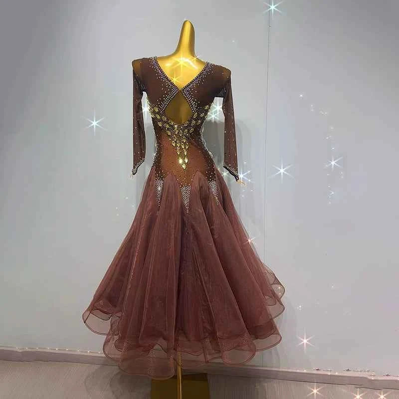 Custom Size Coffee Gold Stones Competition Ballroom Dance Dresses Waltz Tango Dance Long Gown for Women