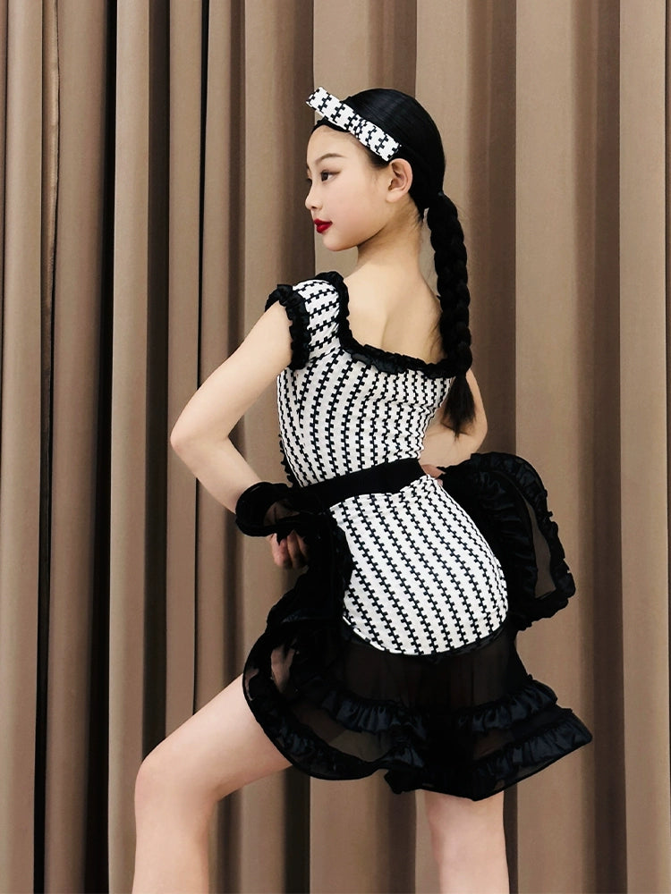Black white plaid Latin dance dresses for kids girls salsa rumba latin stage performance dance uniforms for children - Moderndancedress.com