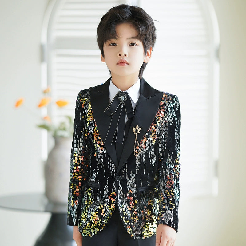 Boys Shiny Navy Red Colorful Sequins Jazz Dance Blazers  Kids Singers Host Choir Perform Jacket Wedding Party Flowers Boys Piano Performance Dress Coats - Moderndancedress.com