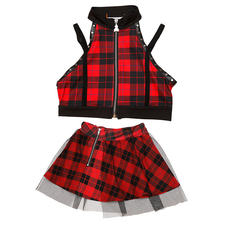 Children Red plaid street hip-hop jazz dance costume  group band gogo dancers rapper singers dance outfits model show catwalk clothes for kids - Moderndancedress.com