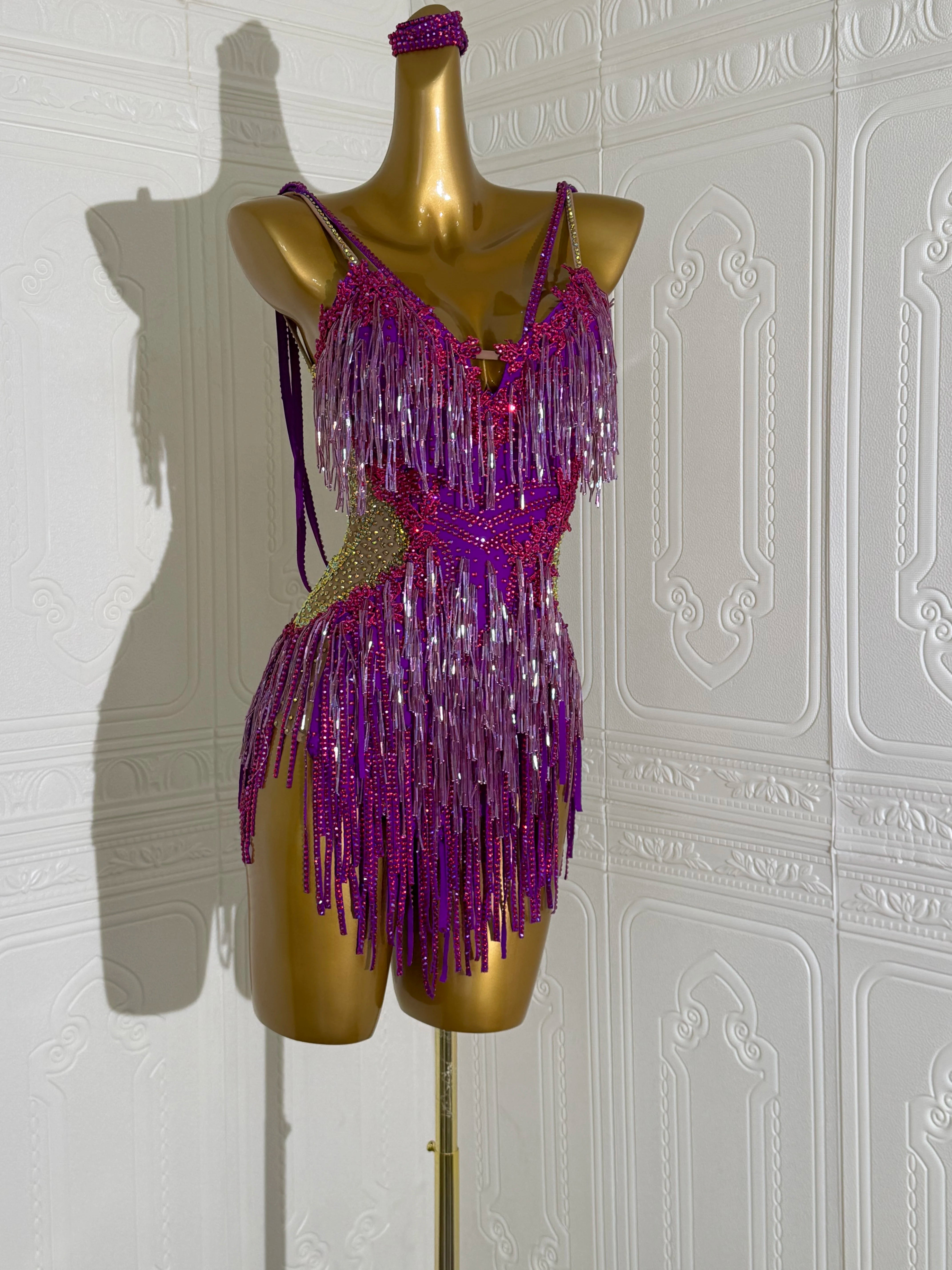Custom Size Fuchsia Bling Fringe Competition Latin Dress for Women