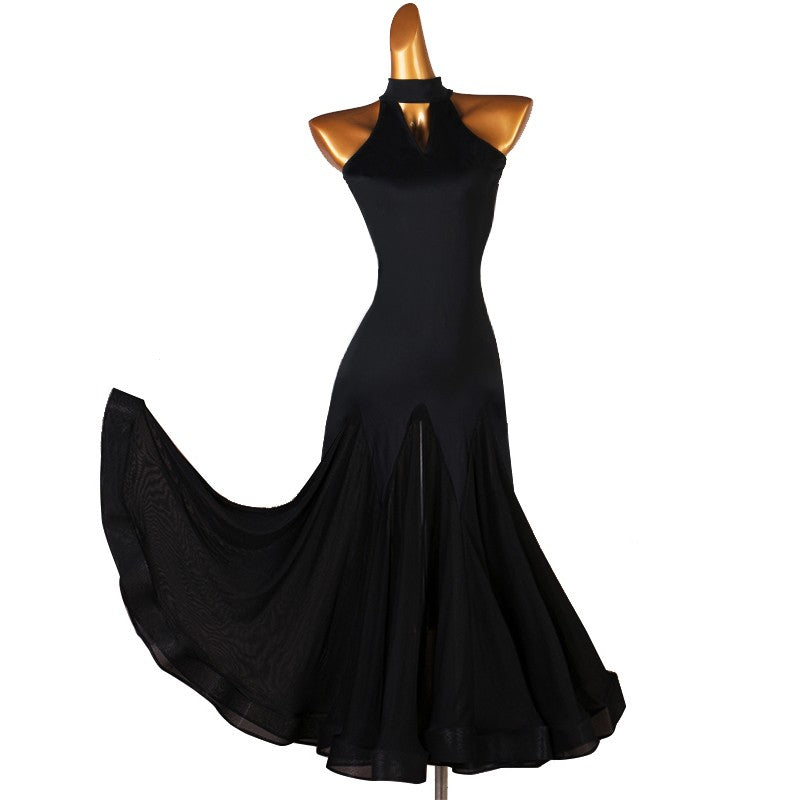 Yellow black ballroom dancing dresses for women girls halter neck sleeveless ballroom dance costumes waltz tango dance long dress - Moderndancedress.com