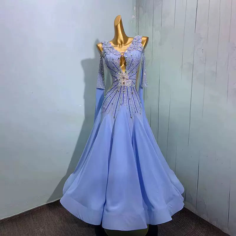 Custom Size Blue Chiffon Ballroom Dance Dress Petals Smooth Waltz Performance Costume
