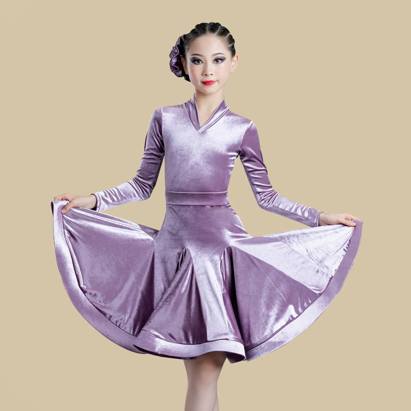 Girls Light Blue Purple Velvet Latin Dance Dresses Children Exam Clothes Long-sleeved Salsa Rumba Chacha Performance Outfits - Moderndancedress.com