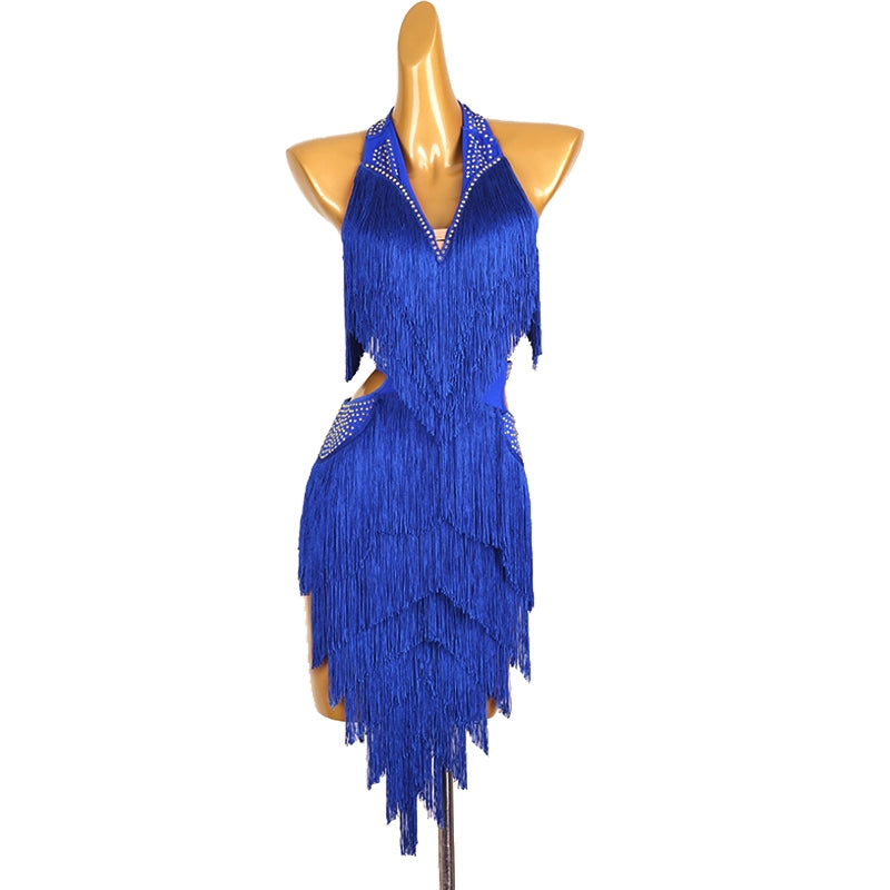 Latin Dance Competition Dresses for Women Girls Navy Yellow Blue Red Purple Dark Green Diamond Haler Neck Latin Salsa Rumba Chacha Dance Costumes - Moderndancedress.com