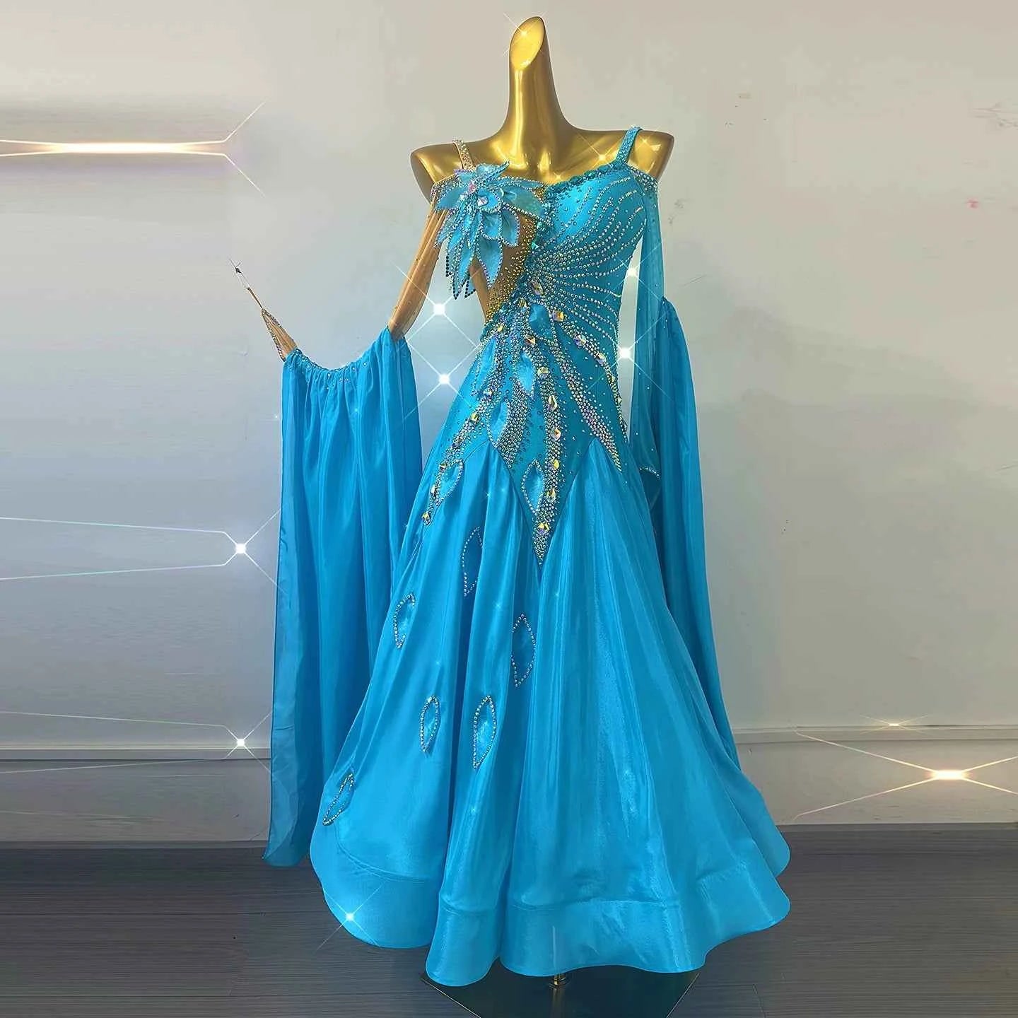 Custom Turquoise Competition Ballroom Dance Dress with 3d Petal Flowers Waltz Tango Smooth Dance Gown