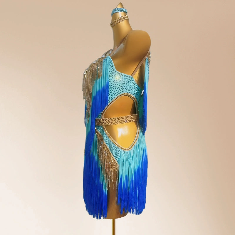 Custom Size Blue Gold Gradient Bling Fringe Competition Latin Dance Dresses for Women Girls Kids Salsa Rumba Chacha Performance Skirts