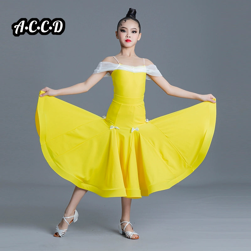 girls colorful ballroom dance dreses pink yellow kids professional standard  dance uniforms social performance dance clothes for kids - Moderndancedress.com