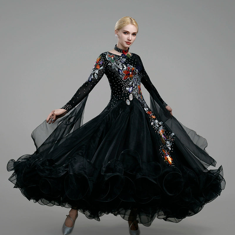 Modern Ballroom Dance Dresses for Women Girls Blue Red Black Bling Waltz Tango Foxtrot Rhythm Group Dance Costume Party Performance Ball Gown - Moderndancedress.com