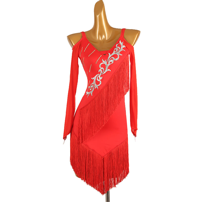 Red Black Fringe Latin Dance Dresses for Women Girls Dew Shoulder Diamond Salsa Rumba Chacha Dance Costumes - Moderndancedress.com