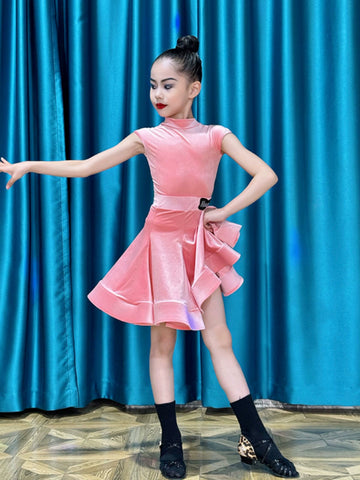 Children girls Latin dance dresses pink purple short-sleeved  ultra-thin velvet test competition ballroom latin salsa performance clothing - Moderndancedress.com