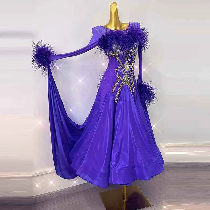 Customized Violet Ballroom Dance Dress Gold Crystal with Ostrich Feather Waltz Tango Competition Gown