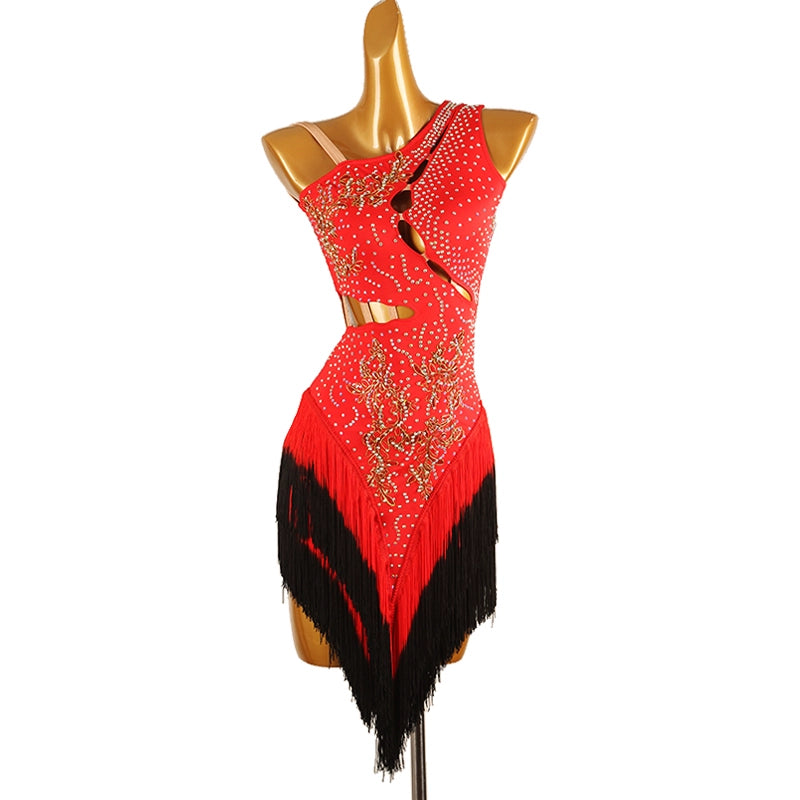 Red Black One Shoulder Latin Competition Dresses for Women Girls Slant Neck Diamond Bling Gradual Change Fringed Latin Salsa Chacha Dance Costume - Moderndancedress.com
